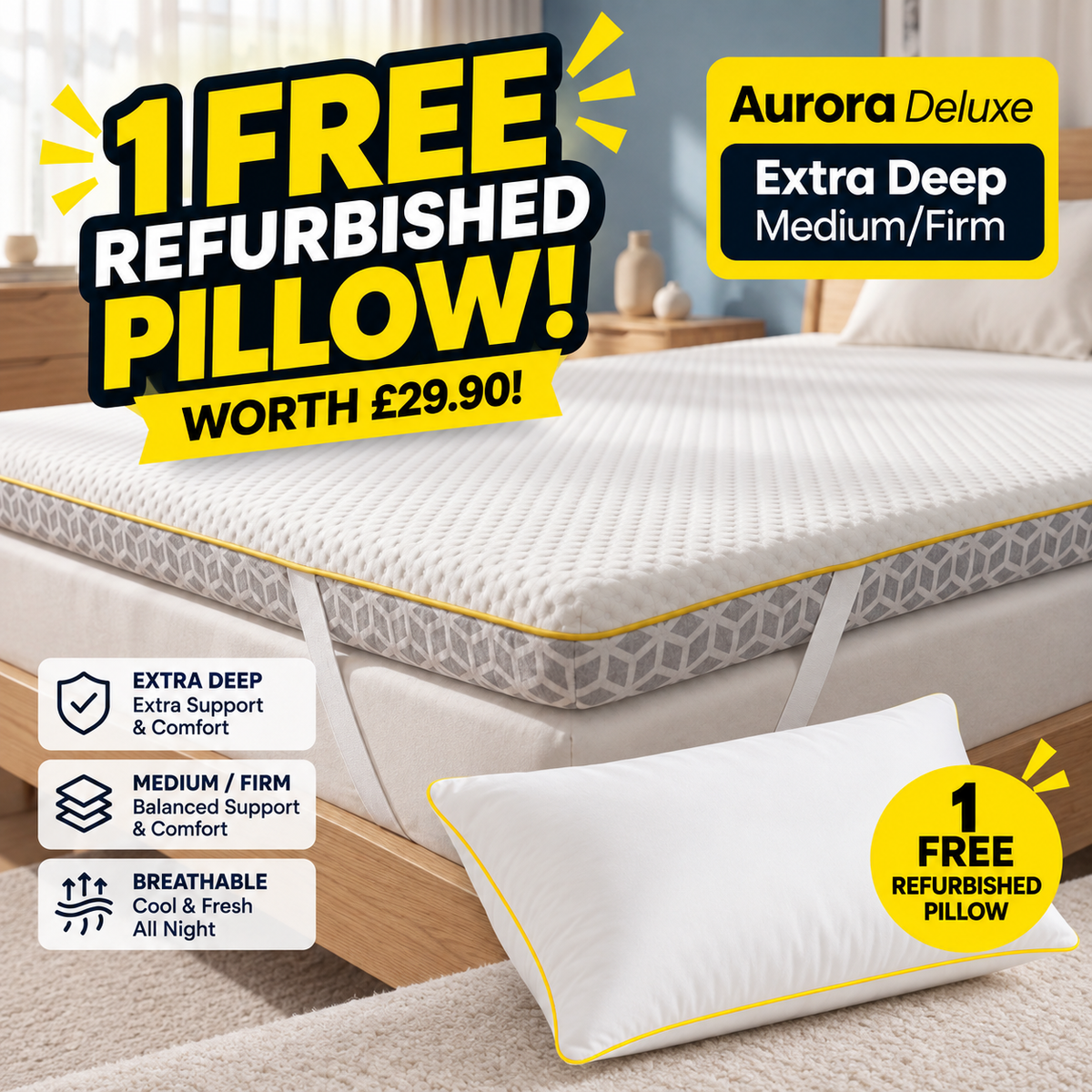 Brightr Aurora Deluxe Refurbished Medium Firm Memory Foam  Mattress Topper 8cm deep