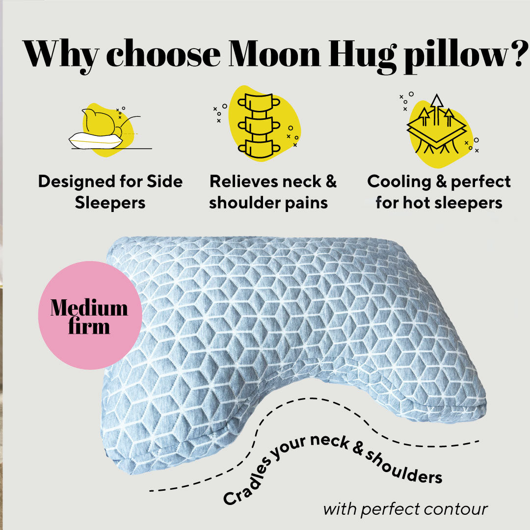A side sleeper's dream: Brightr® Moon Hug memory foam pillow. Customizable comfort, reduced pressure points, and ideal for better sleep.