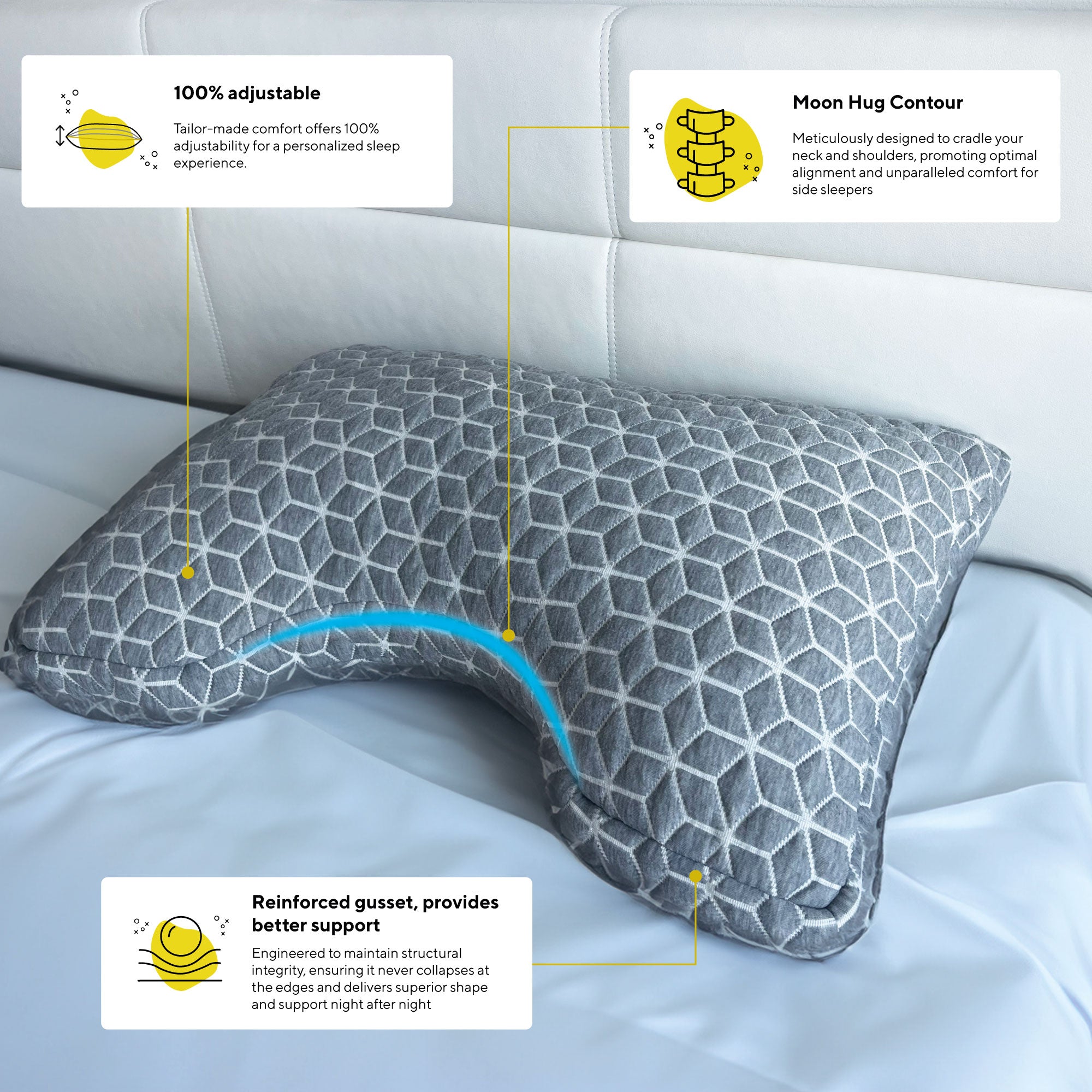 A side sleeper's dream: Brightr® Moon Hug memory foam pillow. Customizable comfort, reduced pressure points, and ideal for better sleep.