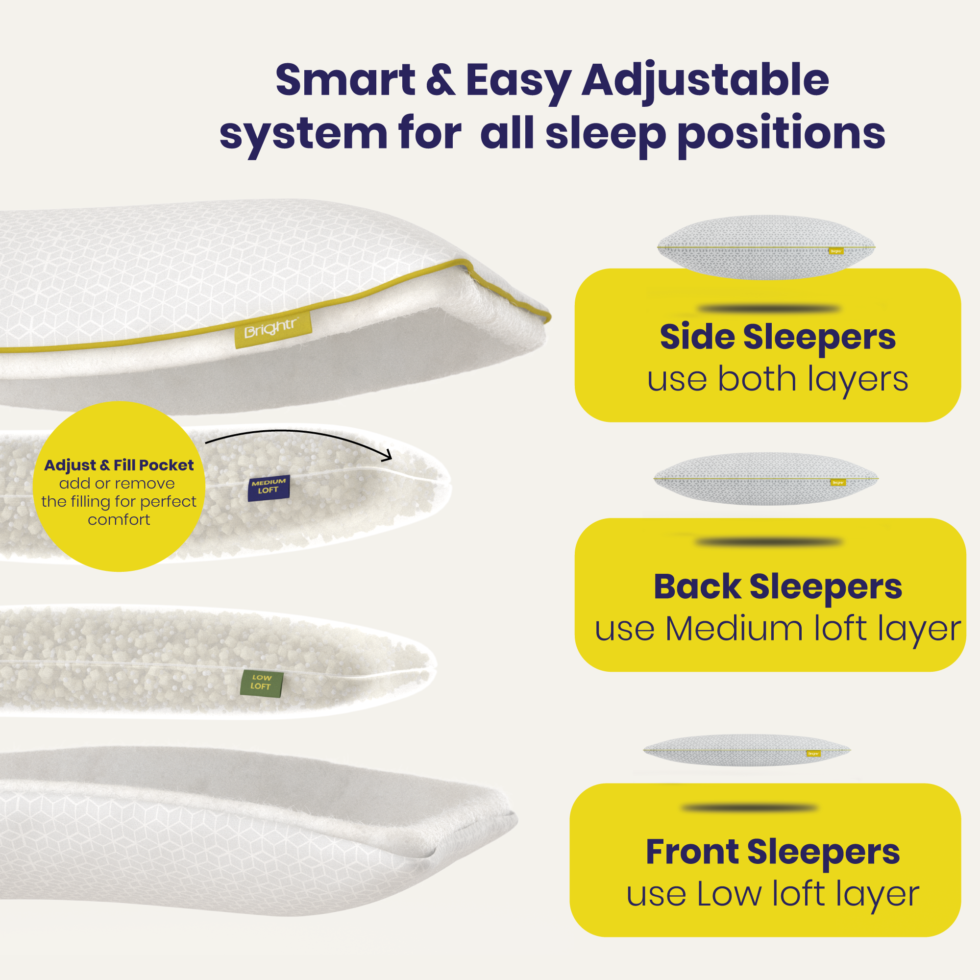 Adjustable Memory Foam Hybrid Pillow by Brightr® Stella - Adjustable Pillow Comfort