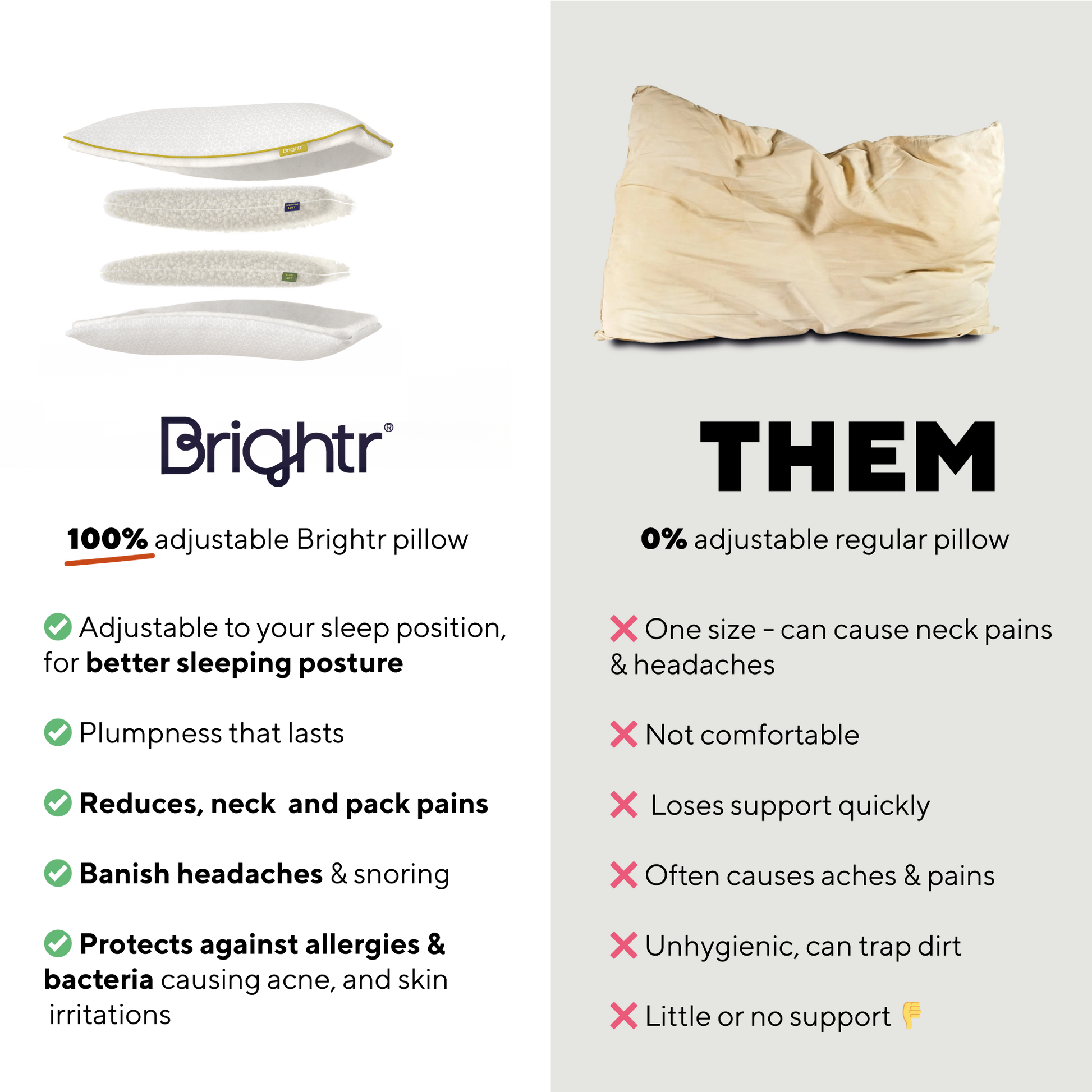 Adjustable Memory Foam Hybrid Pillow by Brightr® Stella - Customizable Comfort